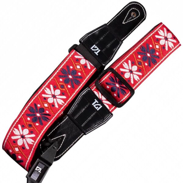 TGI TGS134E Guitar Strap Woven Cotton Flowers Stitch Red Zaranikas 1